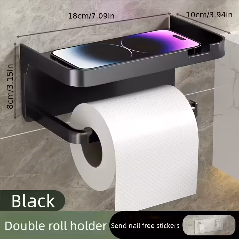 Wall-Mounted Toilet Roll Holder with Shelf (Black)